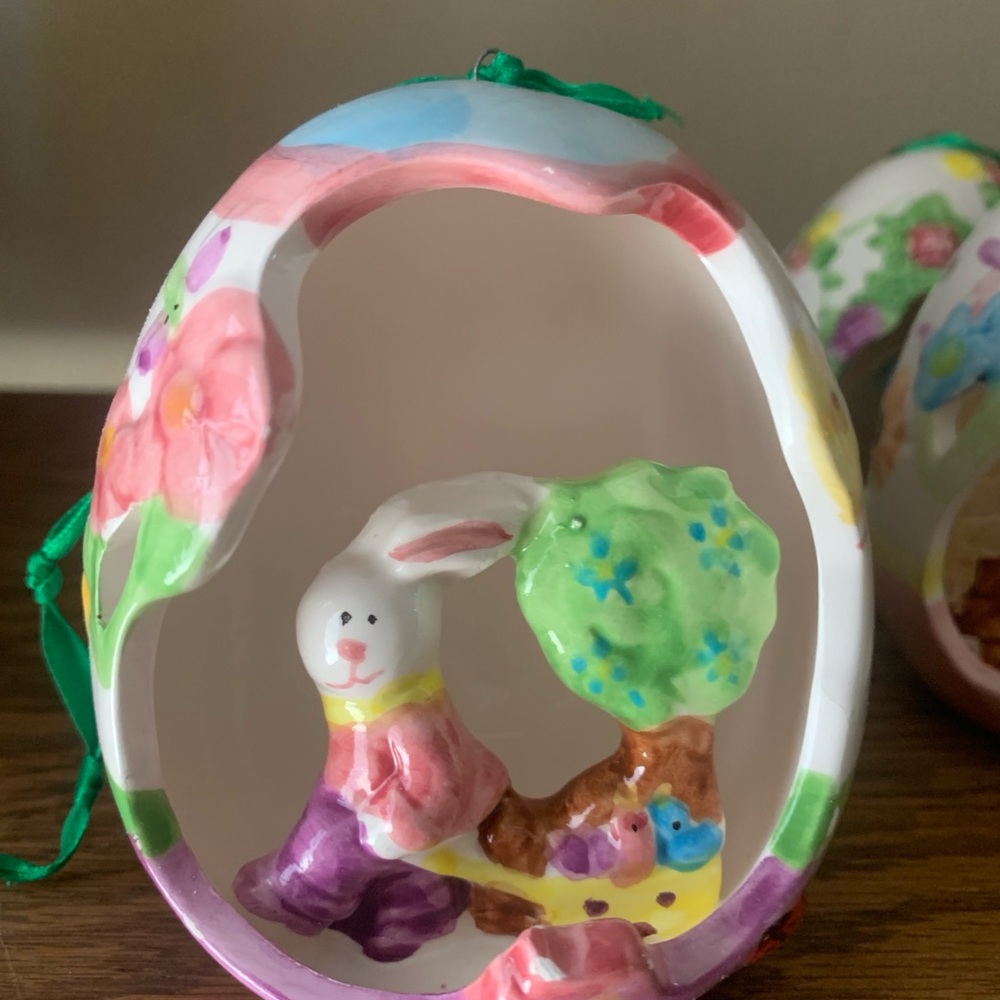 Four Hand-Painted Ceramic Bunny Egg Ornaments - Four Easter Pedestal Bowls